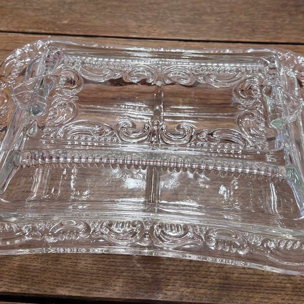 Vintage clear glass divided serving dish with lid